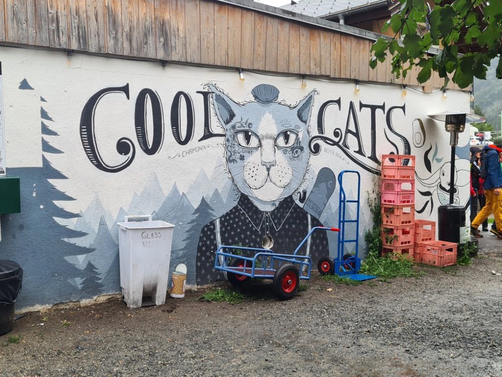A painted wall. Text reads cool cats with a cartoon cat dressed in cool clothes