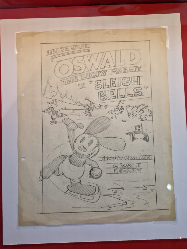 Original drawing of Oswald the Lucky Rabbit at the Disney 100 exhibition in London. 