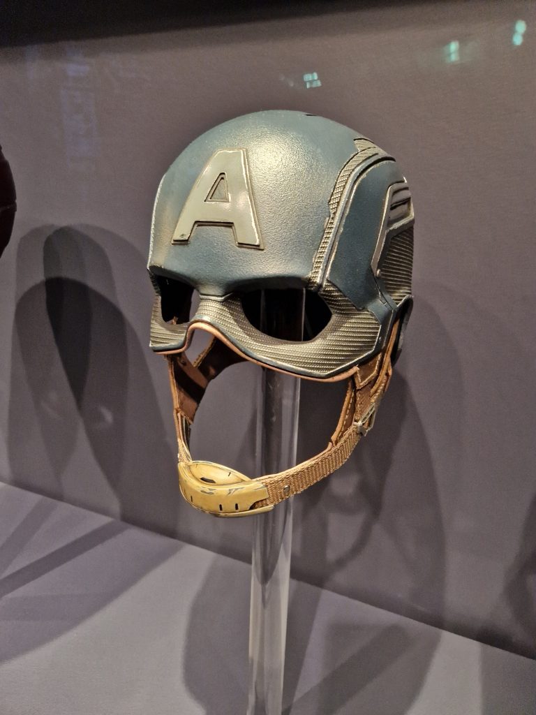 Captain America's helmet at the Disney 100 exhibition in London. 