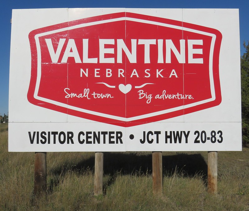 Road sign for Valentine, Nebraska. Romantic place names around the world.